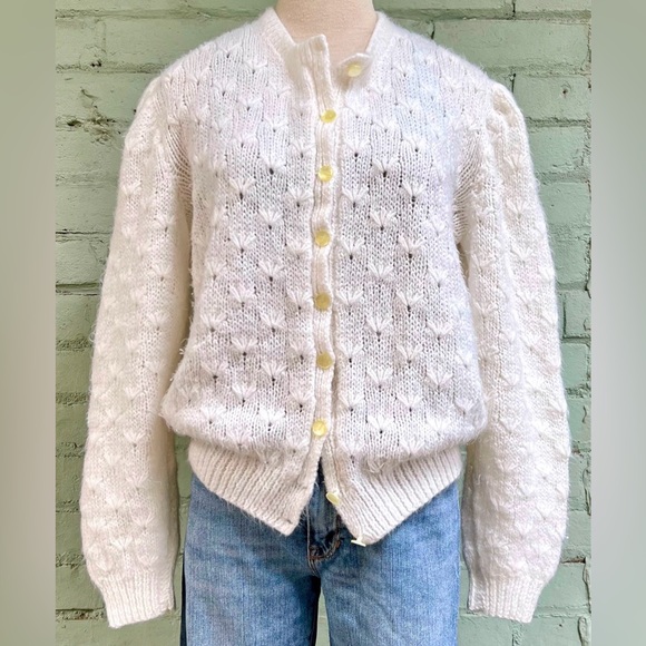 Vintage Sweaters - Vintage Cream Pointelle Knit Cardigan Sweater